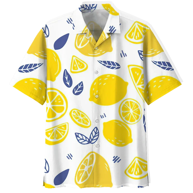 Lemon Pattern Aloha Shirts Men 3D Printed Tropical Fruits Short Sleeve Button Blouse Streetwear Oversized Lapel Hawaiian Shirt 4