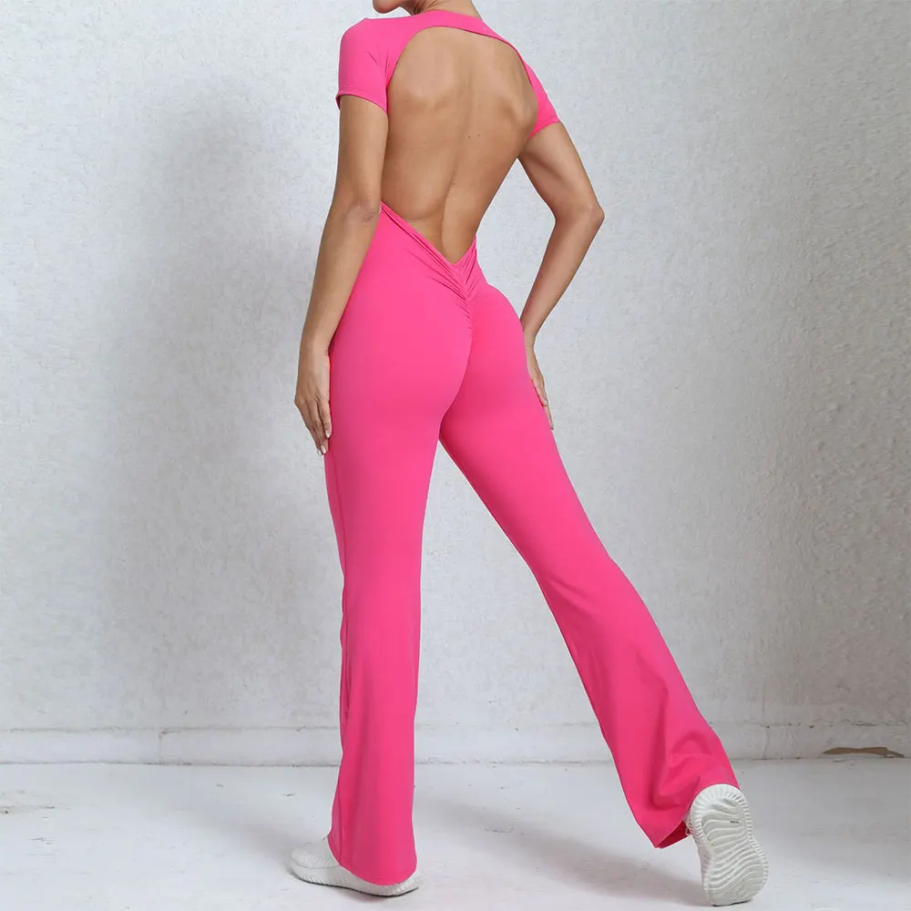 Women Sports Flared Pants Fitness Rompers Stretch Workout Bodysuits Jumpsuit Long Sleeves Gym Set Women's Yoga Suit Sportswear Yoga Set