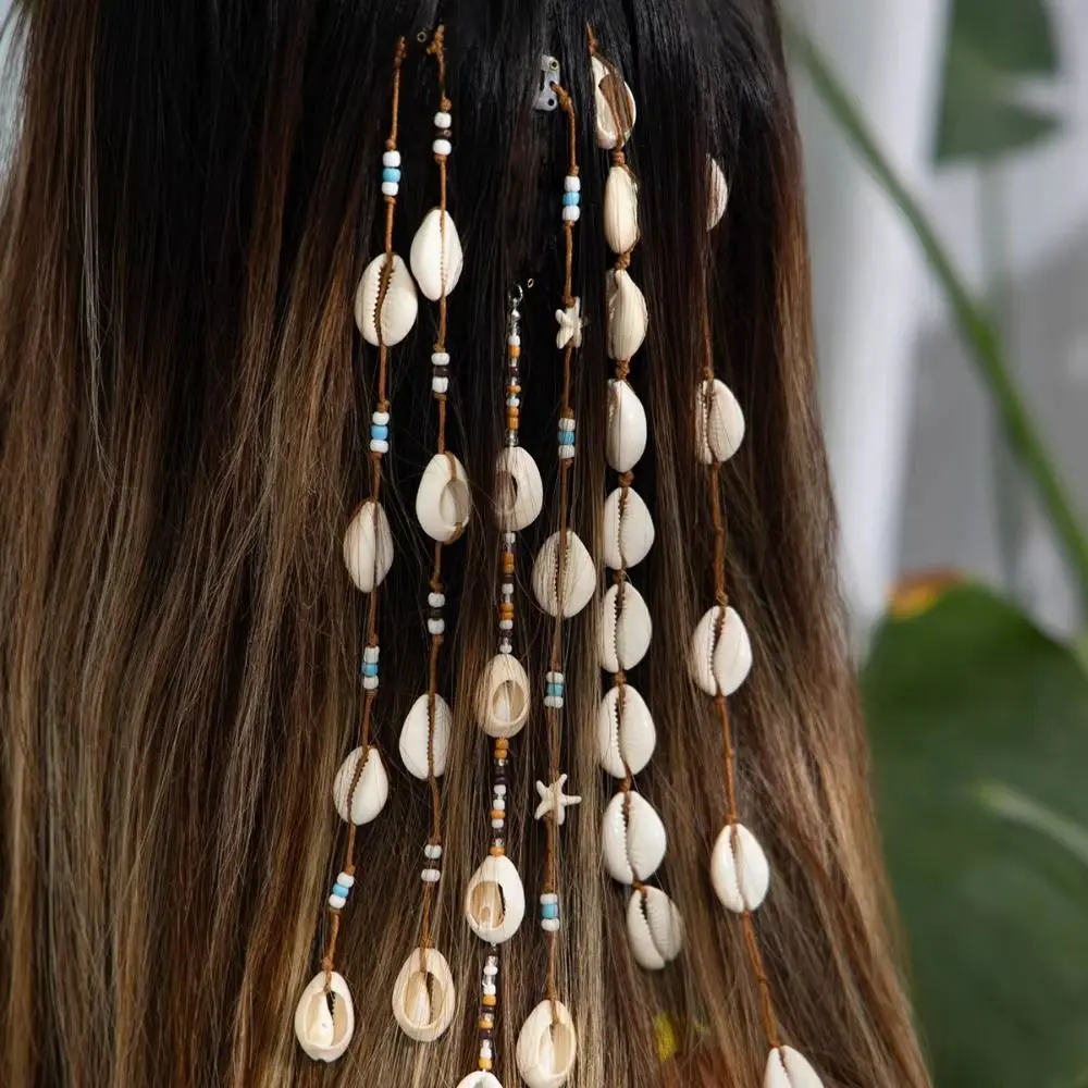 6 Stili di Accessori per Capelli con Conchiglie e Nappe, Fermagli Artigianali con Perline e Conchiglie Intrecciate, Accessori per Capelli Bohemien con Conchiglie Lunghe e Perline