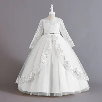 New Long Sleeve Elegant Dress for Girl Evening Dresses White Lace Clothes From 10 to12 Years 1