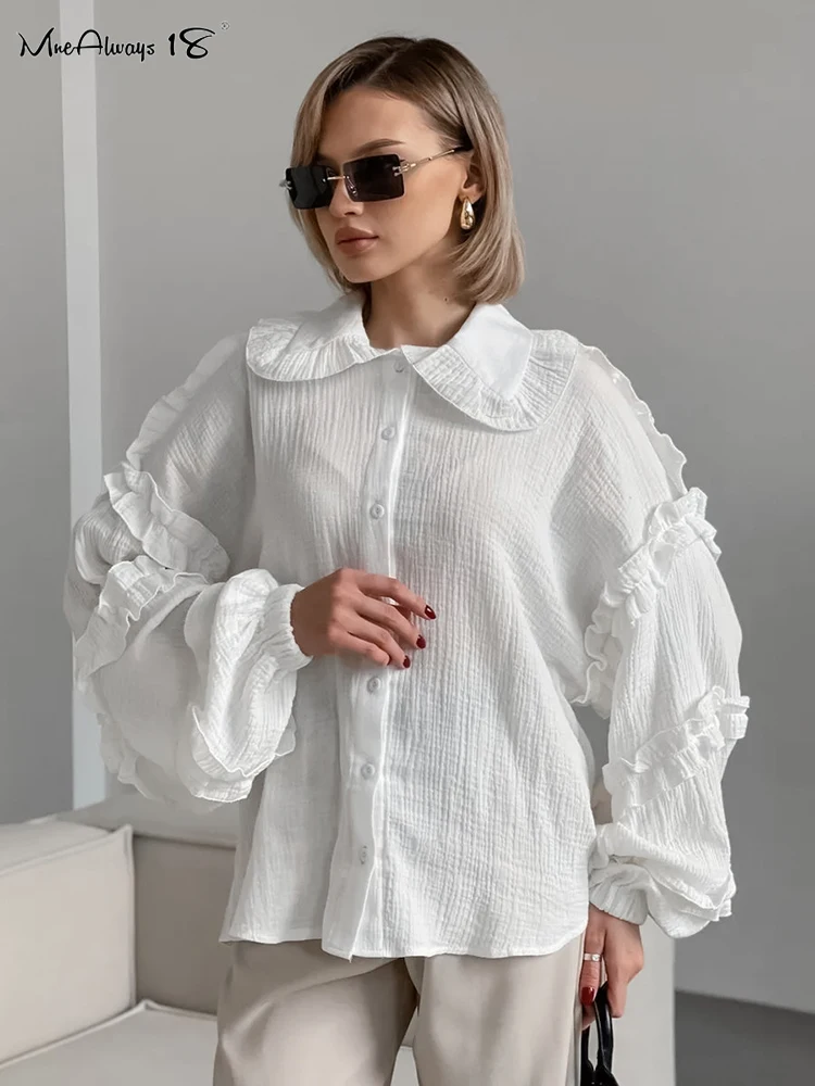 

Блузка женская хлопковая с рукавами-фонариками и лацканами, 2024