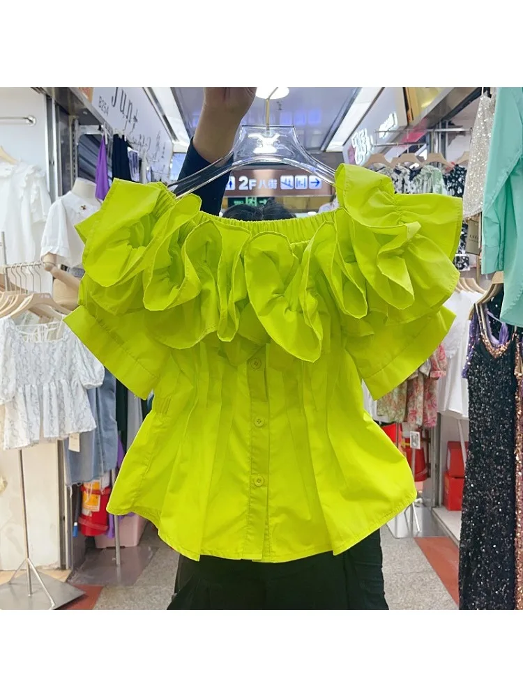 Fashion Ruffles Off-Shoulder Short-Sleeved Shirt for Women 2023 Summer New Solid Color Waist Tight Short Cotton Blouse Top