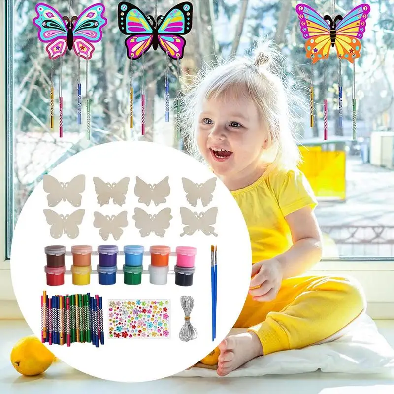Wooden Wind Chimes Kids Craft Hedgehog Wind Chime Painting Set Painted Pendant Craft Set Handmade Butterfly Design Room Decor 4