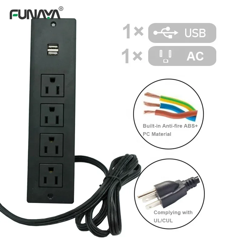 표면 장착형 매립형 가구 소파 충전기 멀티탭, 미국 히든 테이블 소켓, 2 USB 4 콘센트, UL 데스크 소켓, 15A