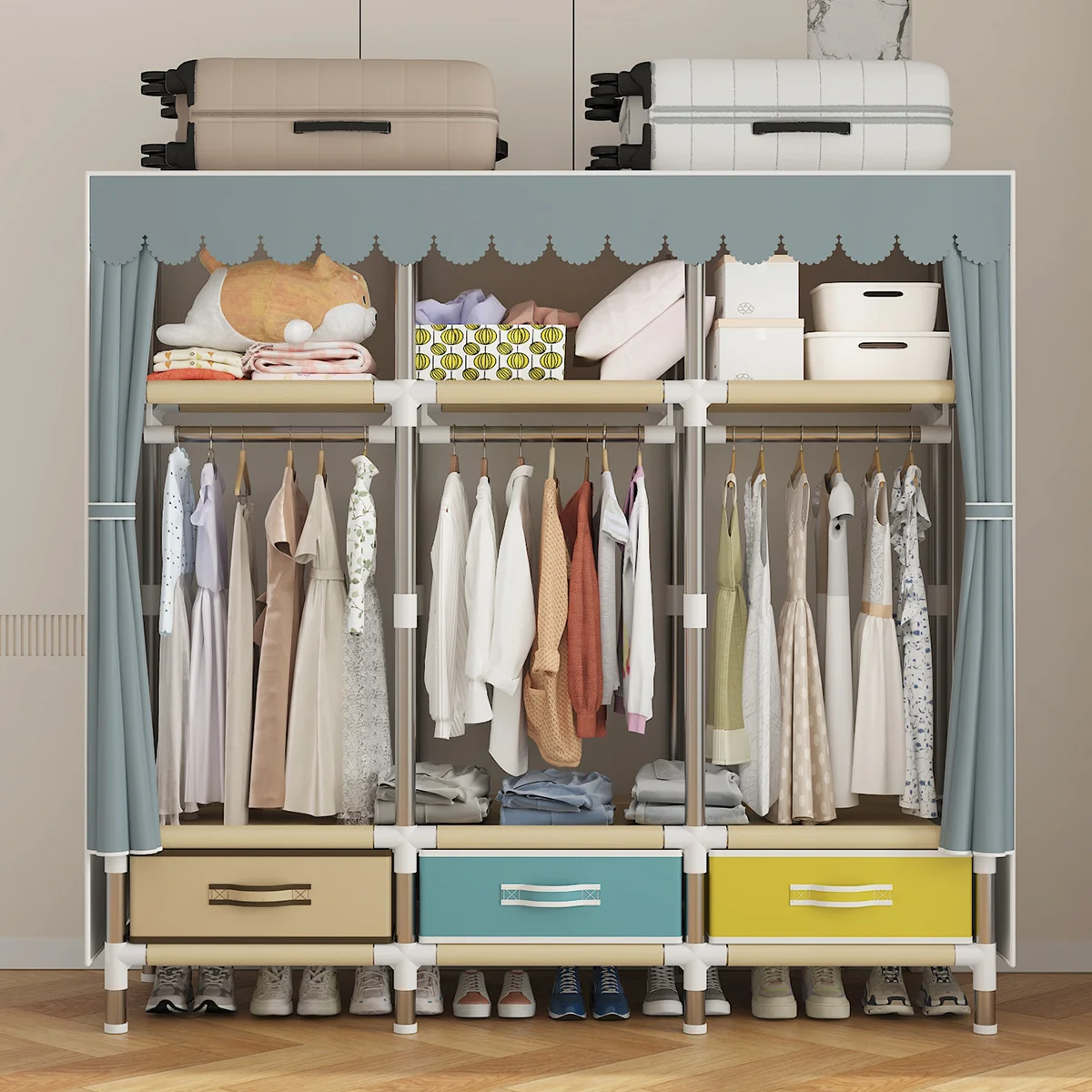 Cloth Wardrobe Clothes Storage Wardrobe with Dustproof Cover Large Storage Closet with Steel Frame Durable Rack 1Pc fabric wardrobe