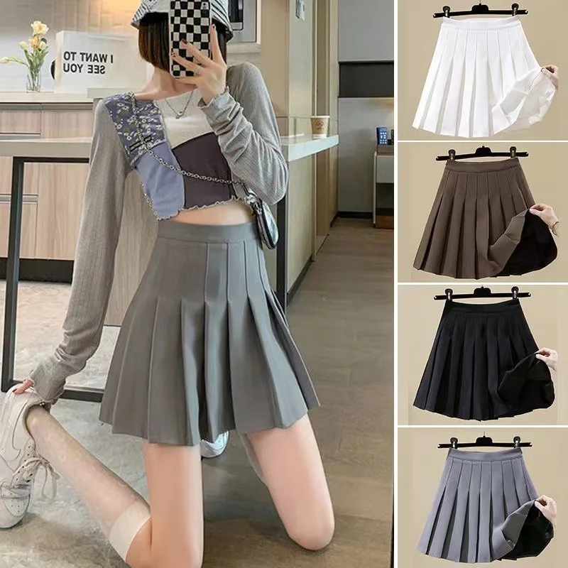 summer women girl high waisted pleated tennis skirt school a line skater skirts woman clothing korean style mini skirt black Women High Waist Pleated Skirt y2k Summer Casual Kawaii A-line Plaid black tennis Japanese School Uniform Mini Skirts for Girls