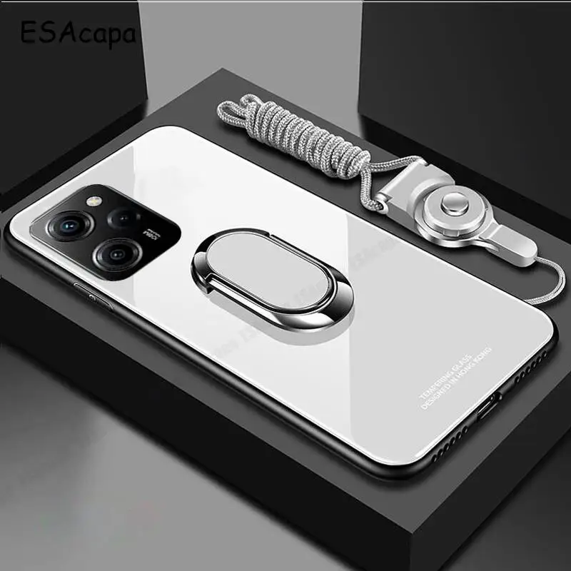 Magnetic Ring Holder Stand Shockproof Protective Phone Case with Tempered Glass Back Cover