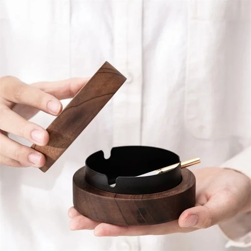 Walnut Wood Ashtrays With Lid Covered Windproof Ashtray With Stainless Steel Liner Indoor Outdoor Ash Tray For Home cigarettes ashtray stainless steel ashtray wood ashtray