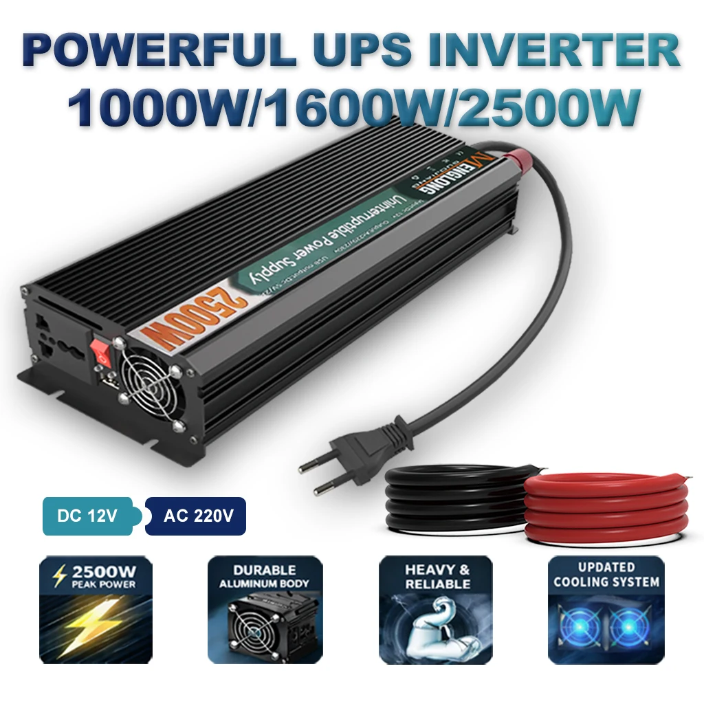 1000W 1600W 2500W UPS 인버터 충전기 12V에서 220V 230V로 변환, 20A 충전기 USB 포함, 가정용 비상 전원 공급, RV, 캠핑, 보트용