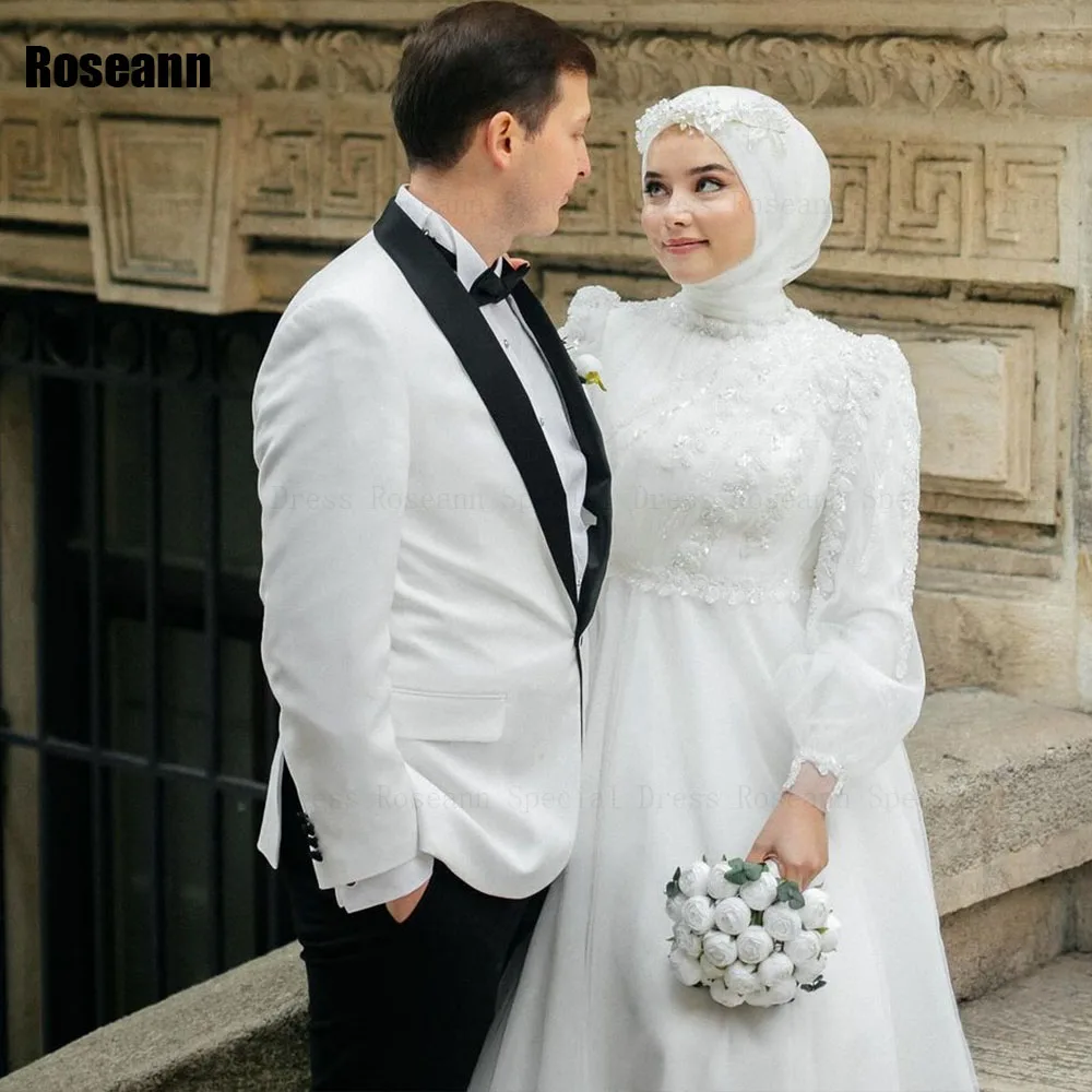 Muslim 2024 Ivory A-line Wedding Dresses Applique Flowers Draped Pleat Brush Train Satin Bride Gown Floor Length robe de mariée 6