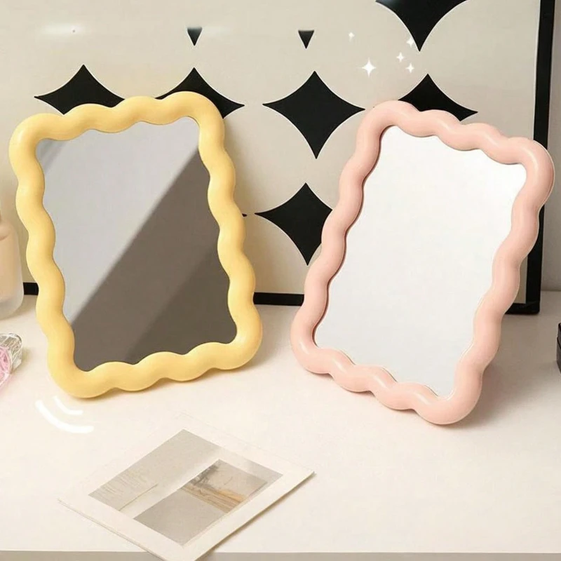 Cute Makeup Cream Wave Design Office/Mural Student Dormitory Room Decoration Travel Makeup Accessories Mini Mirror Convenient