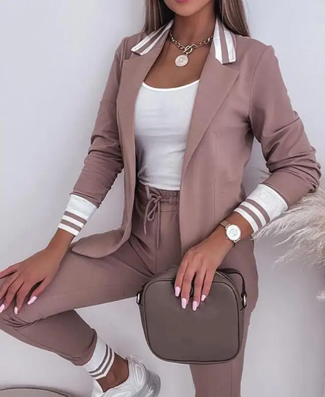 casual shawl collar long sleeves contrast paneled daily medium stretch striped shawl neck coat cuffed pants set for women Women's Clothing Set 2024 Latest Elegant Striped Notched Collar Contrast Paneled Long Sleeved Blazer Coat&drawstring Pants Set