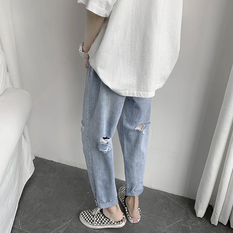 Wholesale 2022 Fahsion Teenager Casual Ripped Jeans Male Korean Loose Straight Wild Brand Pants Vibrato Autumn Harem Pants