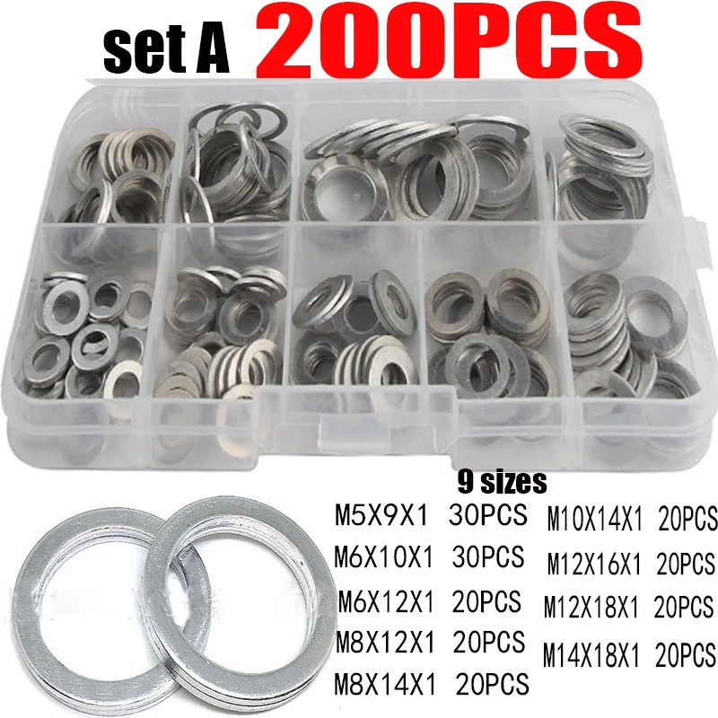 540/450/360/280/200pcs 와셔 오일 드레인 플러그 가스켓 알루미늄 플랫 와셔 조합 KitM6 M8 M10 M12 M14 M16 M18 M20 M22 M24