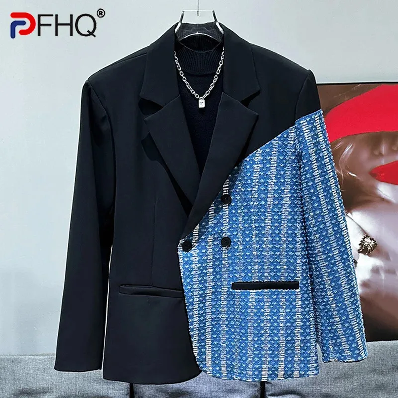 PFHQ New Korean Popular Fashion Versatile Denim Splicing Color Design Casual Loose Suit Contrast Color Male Tops 21Z5738