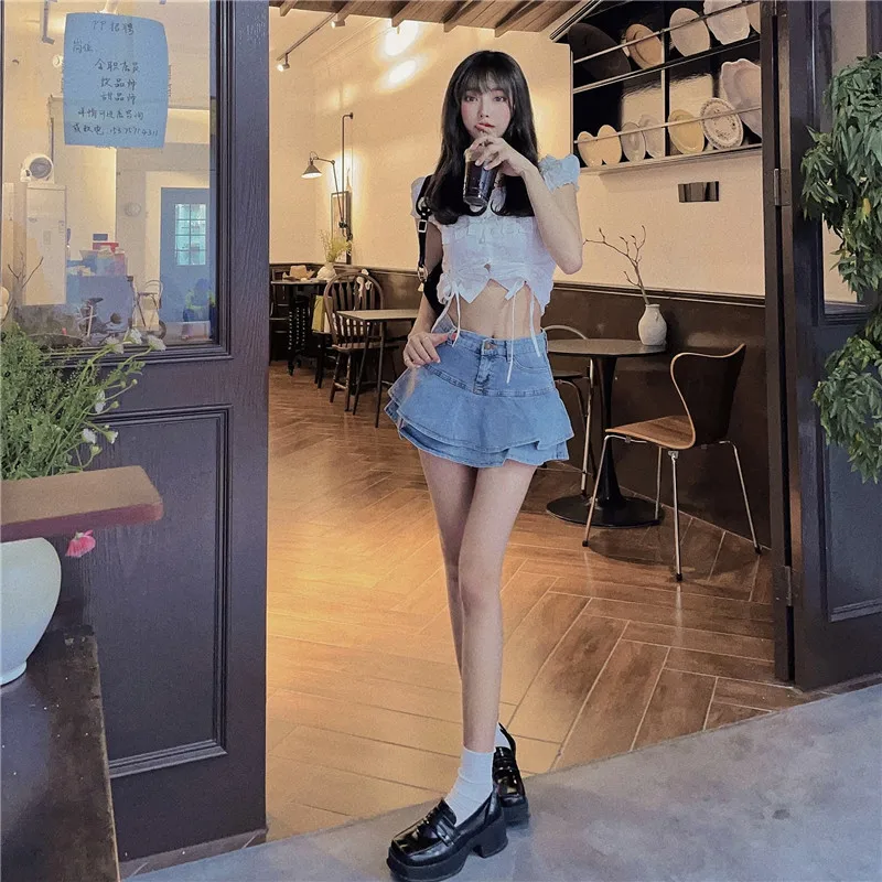 Sexy Chic Ruffles Design Denim Skirt Woman Spring Summer Sweet Cute Trumpet Skirts Fashion Ins High Waist A Line Jupe Femme skater skirt