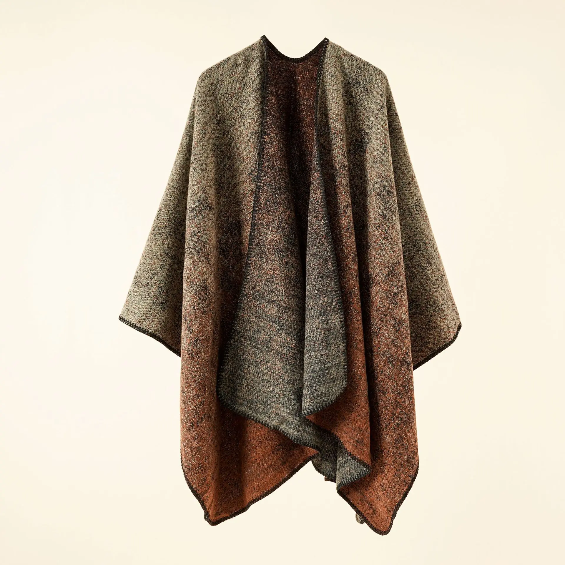 

2022 Autumn Winter New Street Solid Color Gradient Herringbone Imitation Cashmere Warm Shawl Cloak Poncho Capes Brown