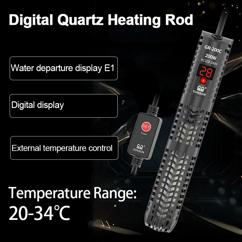 SUNSUN Aquarium Submersible Heater Fish Tank Quartz Glass LCD Display 220V Digital 200W Constant Temperature Control aquarium heater rod