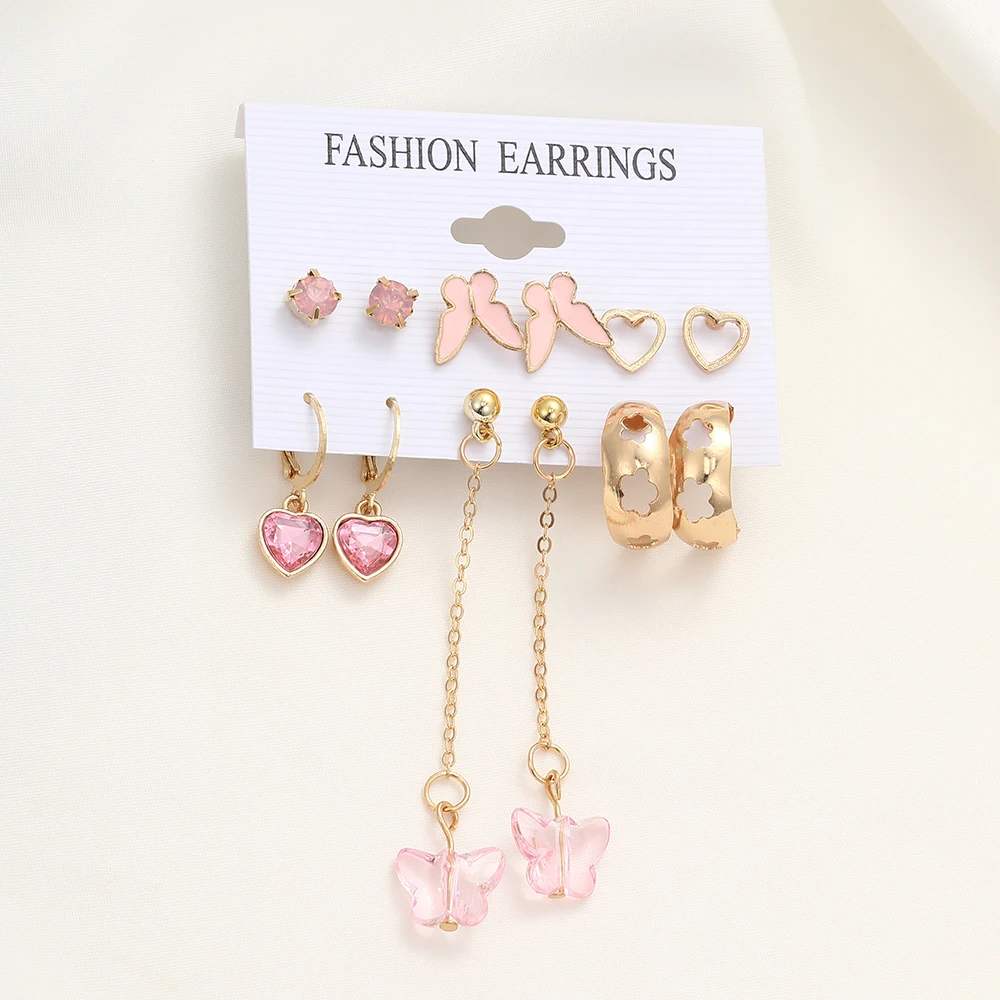 Pink Heart Butterfly Dangle Earrings Set Vintage Metal Geometric Stud Earring for Women Fashion Trendy Jewelry Gifts 2023 New