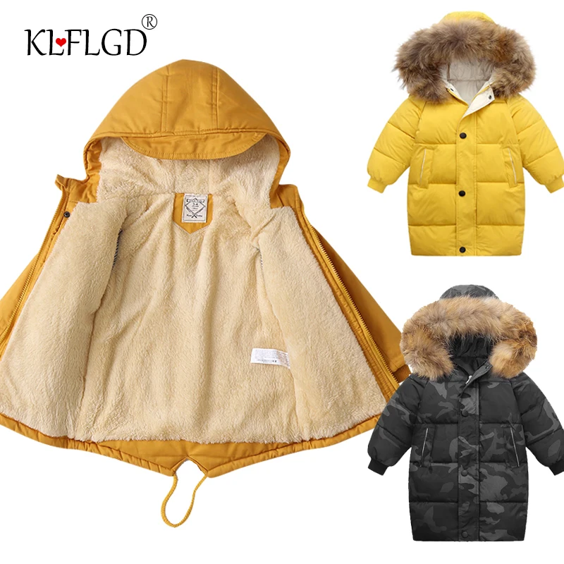 Winter children's hooded plush cotton jacket windbreaker coat New boys and girls medium length Plush waist cotton jacket