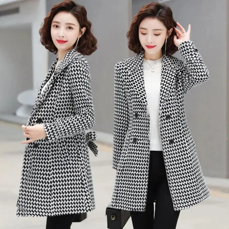 Thousand Bird Plaid Woolen Coat Women's Medium Long 2023 Autumn New Jackets Waist Closing Korean Wool Windbreaker Female Outwear