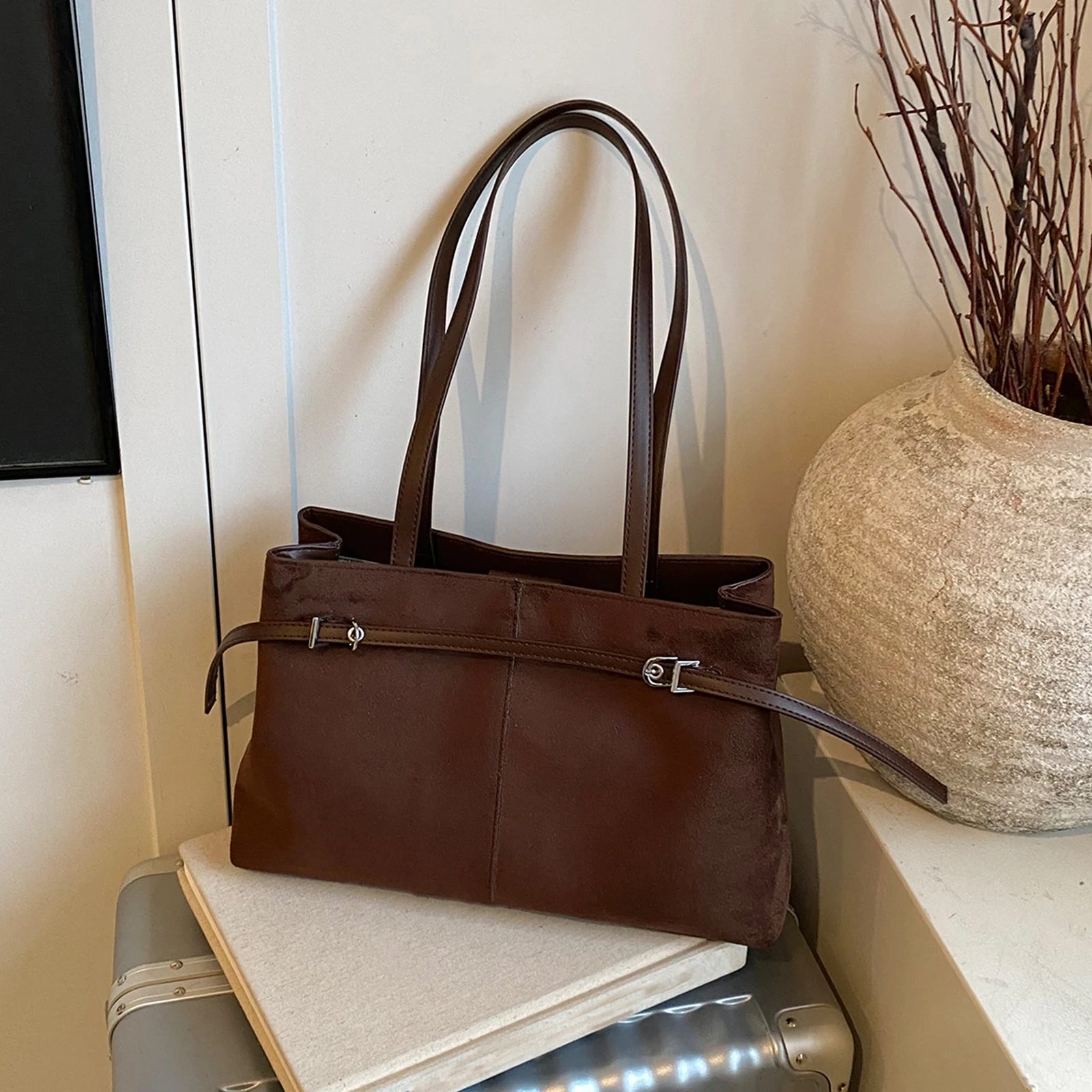 Faux Suede Tote Bag Vintage Hobo Handbag Large Capacity Shoulder Bag Underarm Bag for Women Travel Work