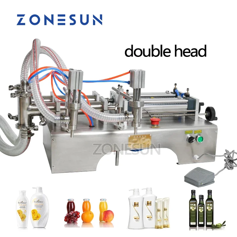 

ZONESUN Pneumatic Liquid Filling Machine Double Heads Semi Automatic Shampoo Juice Milk Edible Plastic Oil Bottle Piston Filler
