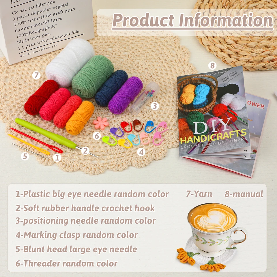 Crochet Kit Crochet Hooks Crochet Needles KRABALL Coaster Crochet Kit for Beginners With Instruction Knitting Yarn Thread Needles Hook Easy Knit Accessories Set DIY Craft
