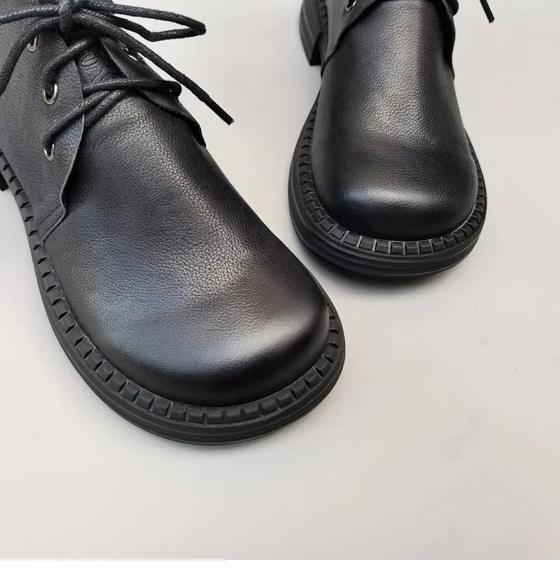 Genuine Leather Wide Toe Women's Shoes Spring Cowhide Short Boots Soft Sole Lace-up High-top Original Single Shoes