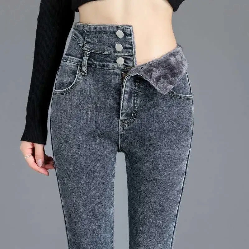 

Women Winter High-Waisted Jeans 2023 New Winter Plus Velvet Ladies Pencil Pants Women Long Casual Trousers Oversize Loose Denim