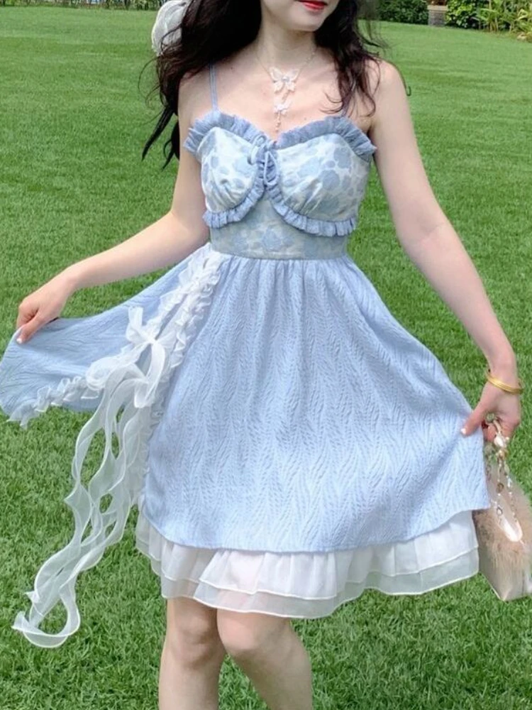 

Female Designer Chic Holiday Korean Fashion Casual Strap Dress 2022 Summer Elegant Blue Sexy Dress Women Fairy Party Mini Dress