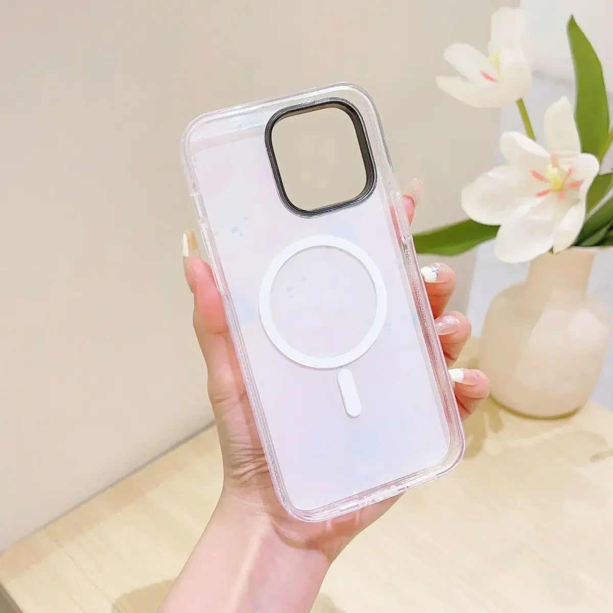 MagSafe Transparent Border Pink Rabbit Phone Case Cover for IPhone 13 14 15 Pro Max Case for IPhone 15 Pro