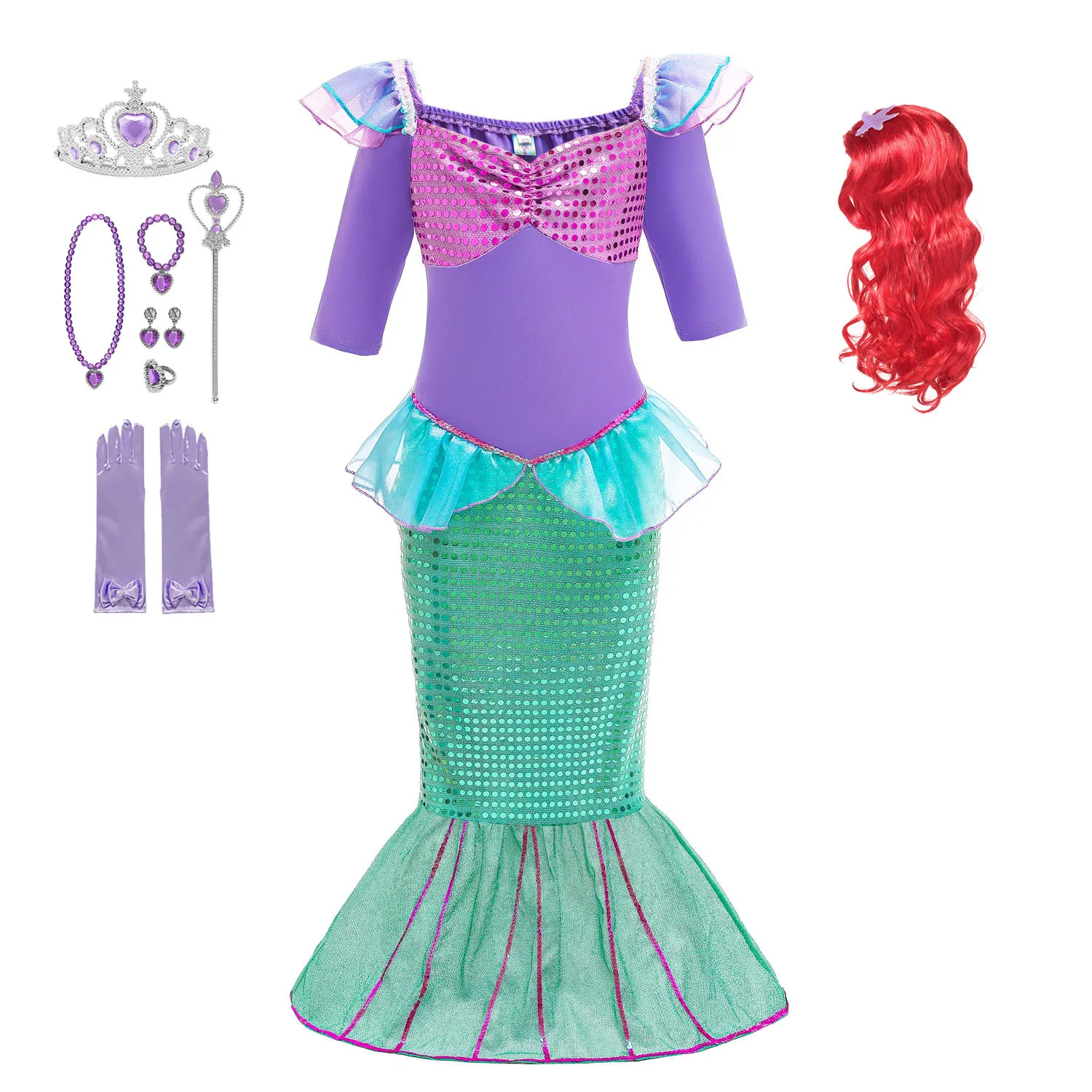 

Girls Little Mermaid Halloween Princess Costume Child Sequins Ariel Dress Kids Christmas Carnival Birthday Party Fancy Clothing