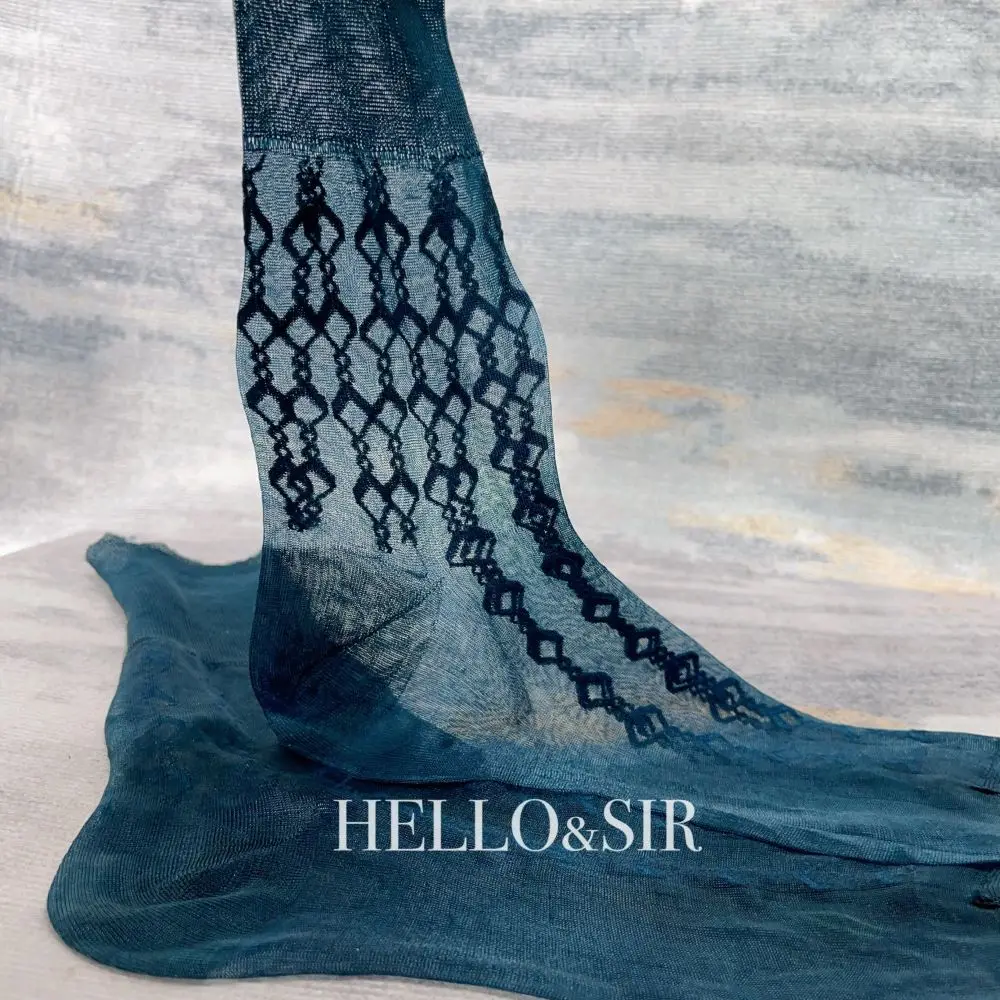 Men's Exotic Retro Jacquard Sheer Dress Socks in Army Green