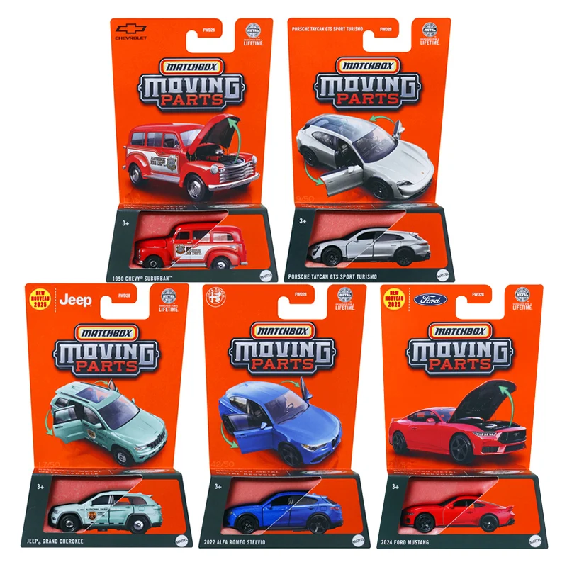Matchbox Moving Parts Jeep Grand Cherokee Alfa Romeo Stelvio Porsche Taycan Ford Mustang 1/64 Diecast Model Car Toy FWD28 25A B 2
