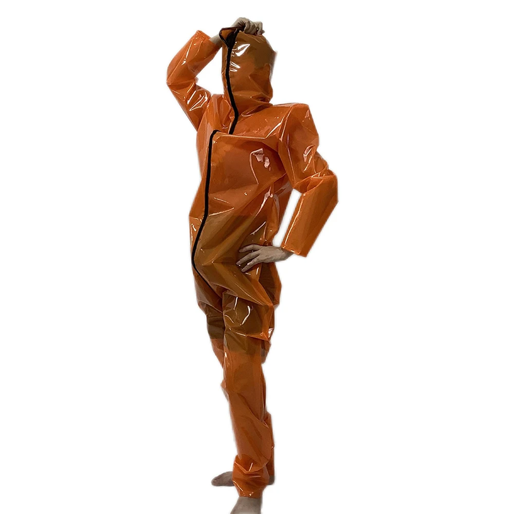 Erotic Costumes Clear PVC Plastic Sheer See Through Long Sleeve Bodysuit Hooded Catsuit Front Zip Crotch Jumpsuits 7XL