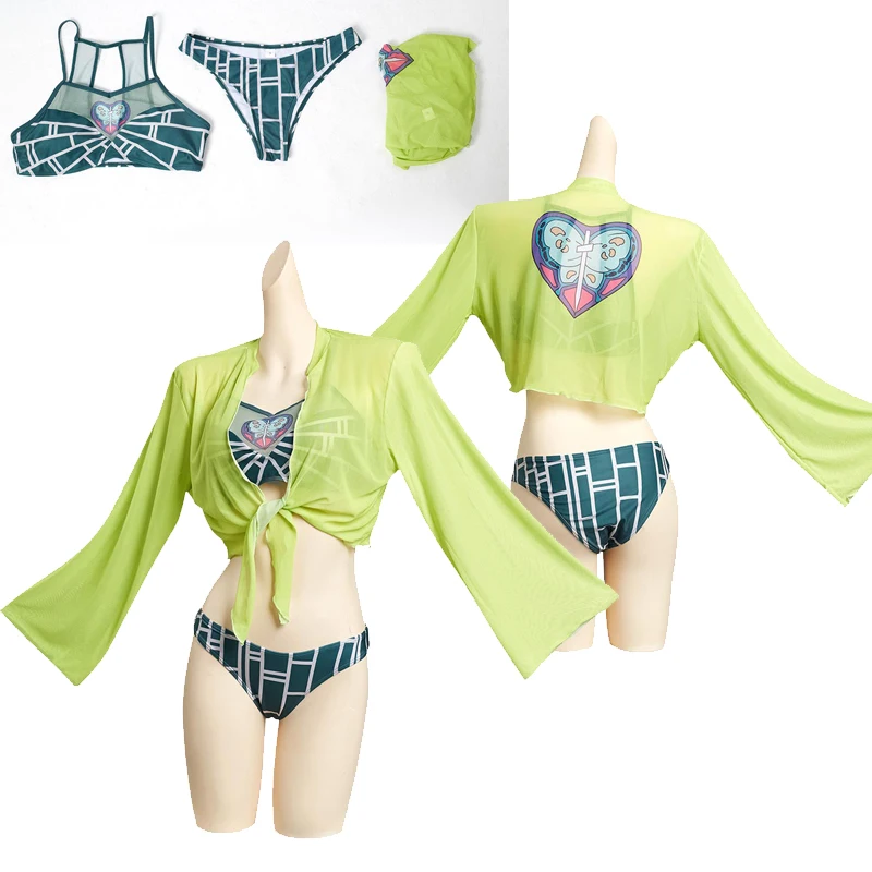 

Jolyne Cujoh Cosplay Costume JoJo‘s Bizarre Adventure Role Play Outfits Green Cloak Summer Swimwear Girl Halloween Carnival Suit