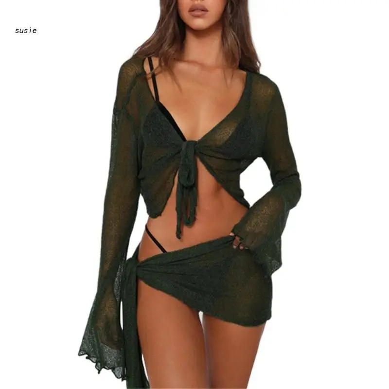 Womens 2 Piece Cover Up See Through Swimsuit Sheer Mesh Tie Knot Long Sleeve Crop Top and Mini Wrap Skirt Sarong Outfit swimsuit cover up swimsuit coverup fishnet cover up women dresses