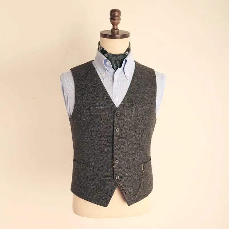 

Mens Suit Vest Brown Wedding Wool Herringbone Tweed Business Waistcoat Jacket Casual Slim Fit Vests for Groosmen Man Wedding B17