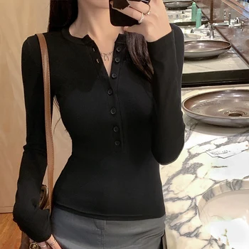 Spring Women's Slimming Base Layer Top Long Sleeve T-Shirt Half Open Collar Button Basic Tops Y2K 1
