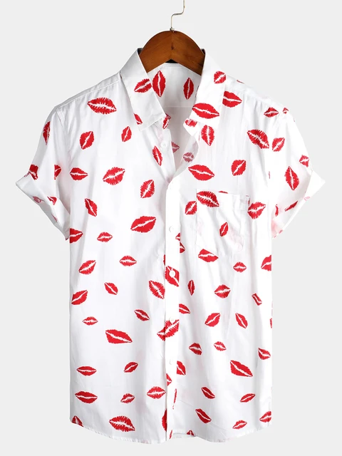 Men's Lips Lipstick Print Short Sleeve Shirt Casual Holiday Pocket