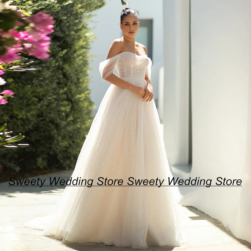 

Jiayigong Glitter Wedding Dress New Arrival Off The Shoulder Sweetheart Pleat Sweep Train Tulle A Line Women Bride Bridal Gown