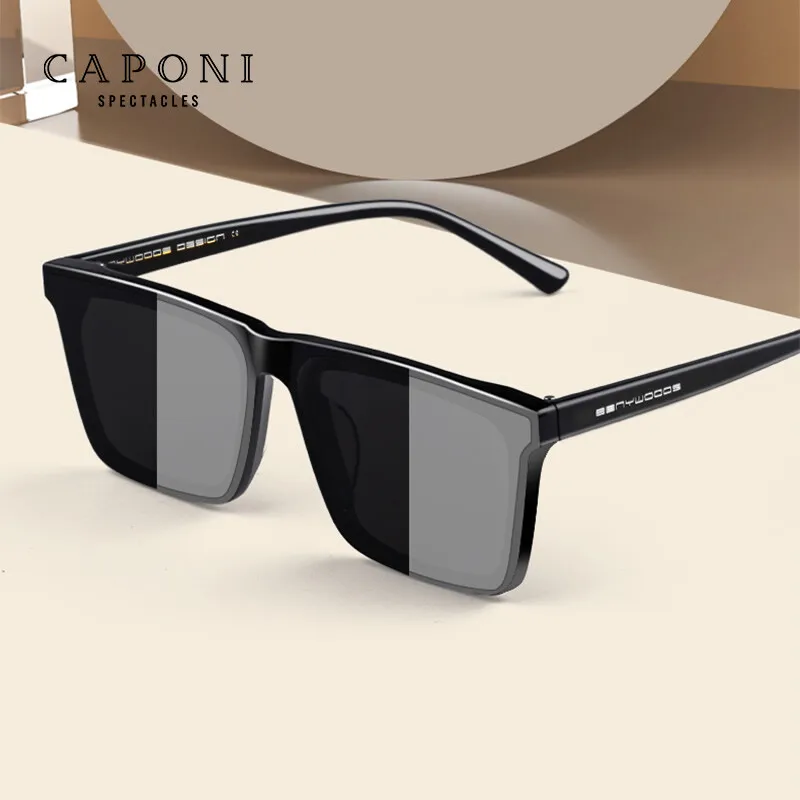 

CAPONI Nylon Polarized Sunglasses High Quality Acetate Square Flat Design Sun Glasses For Men UV400 Protect Black Shades CP7499