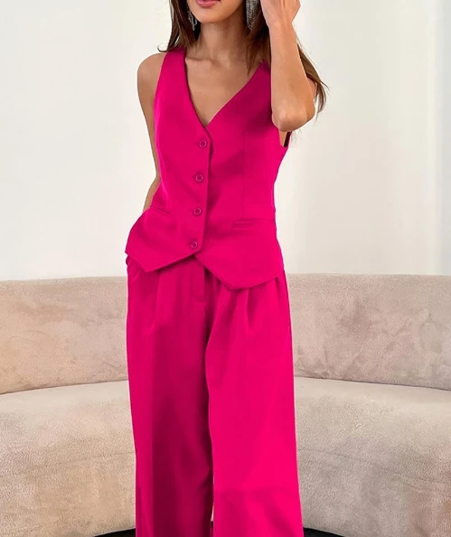 New Fashion and Casual Pants Set, Hot Selling Sleeveless Single Breasted Vest and Loose Wide Leg Pants Two-Piece Set fashionable sleeveless waist fold dress new fashion hot selling 2023 women s fashion hot sale