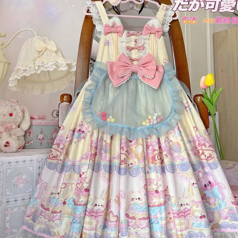 [Cute Cat Pastry Chef] Lolita Jsk Print Cute Suspenders Cute Jsk Dress Summer Sweet Kawaii Dress Harujuku Vintage Cartoon