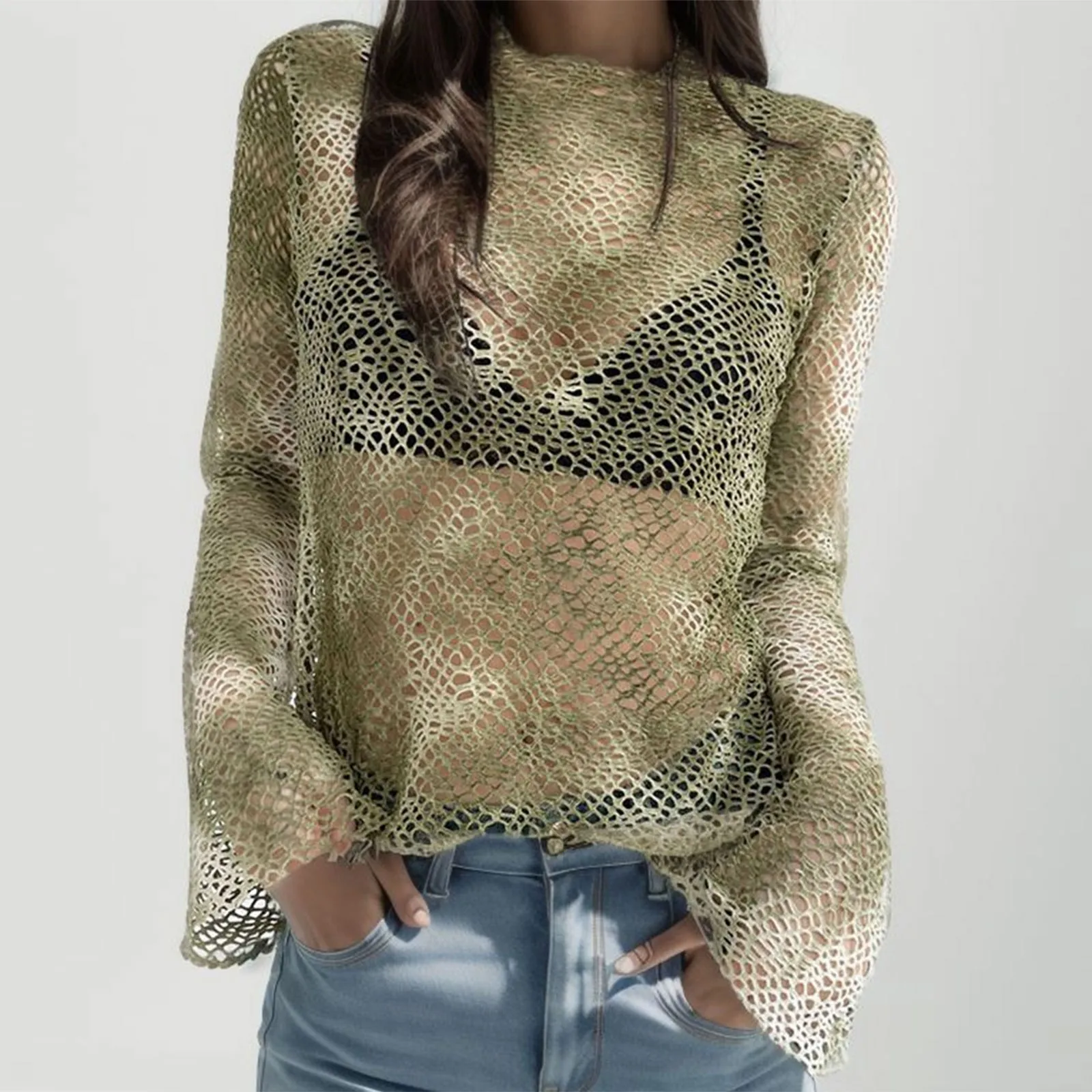 

Gothic Tie Dye Sexy Mesh Hollowed Out Women Blouse Fashion Green Crochet Long Sleeve Cover Ups Shirts Korean Streetwear Y2k Tops