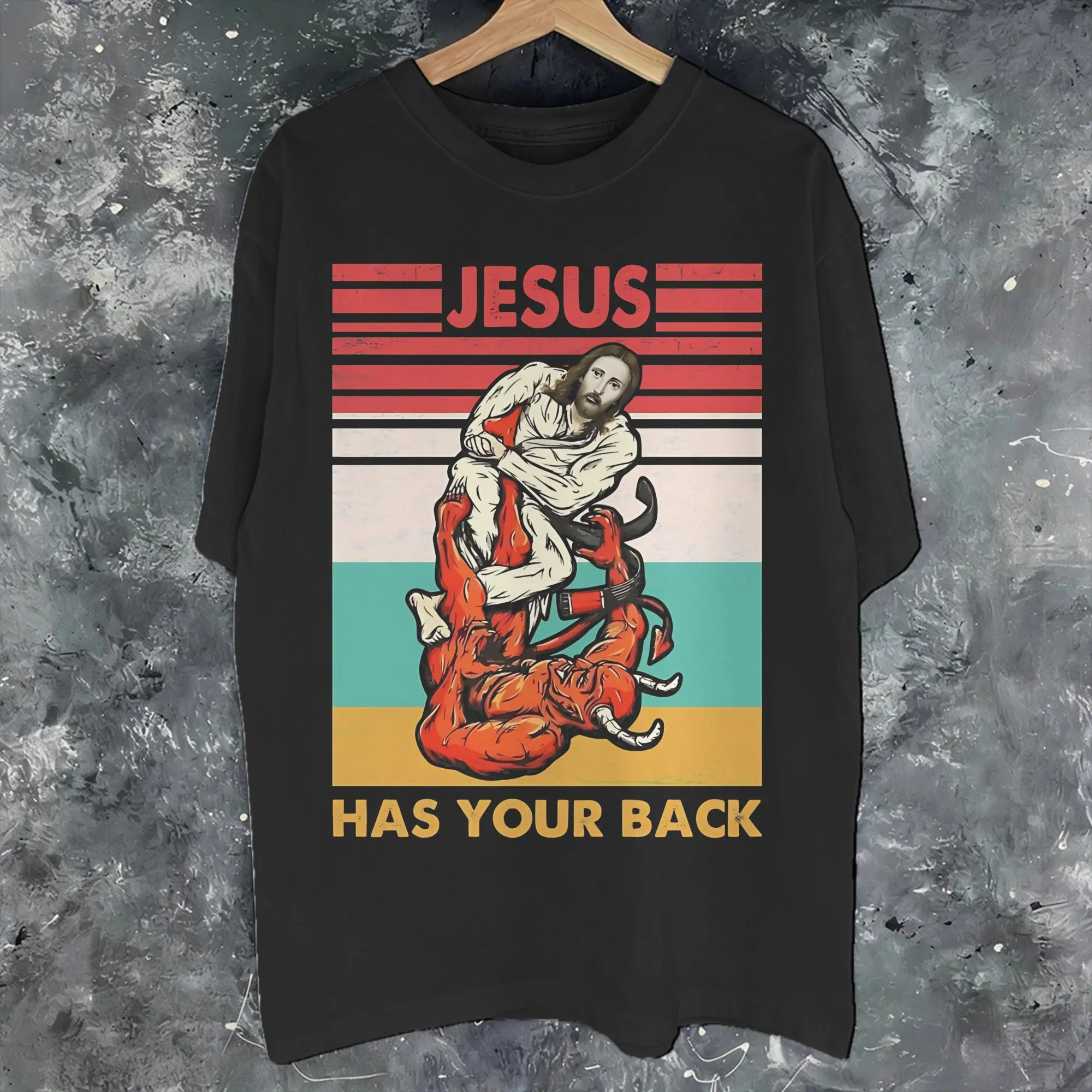 Herren Damen Jesus Has Your Back Jiu Jitsu T-Shirt aus 100 % Baumwolle, bedrucktes T-Shirt, Kleidung, Outfits