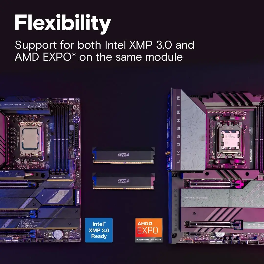 Desktop RAM Memory Crucial Pro DDR5 RAM 32GB Kit (2x16GB) 6000MHz, 6400MHz, Overclocking Desktop Gaming Memory, Intel XMP 3.0 & AMD Expo Compatible desktop memory