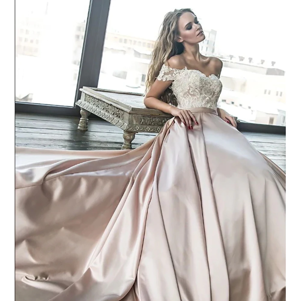

KSDN Off the Shoulder Appliques Floor Length Satin Elegant Women Formal Occasion Evening Dress Luxury Prom Gown A-Line Vestidos