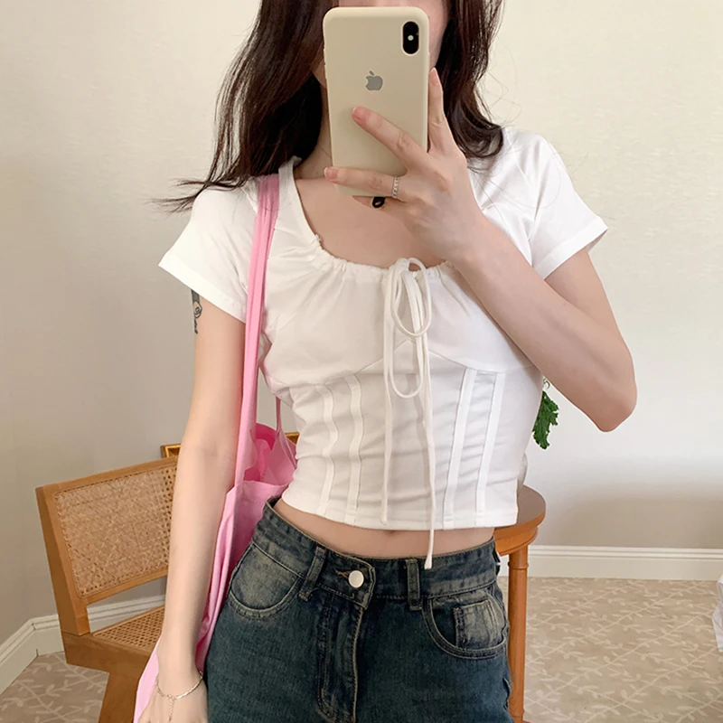 

New Summer Chic Women T Shirt Y2k Sexy Sweet Spicy Solid Strap Short Tees Blouses Femme Short Sleeve White U-Neck Tops Mujer